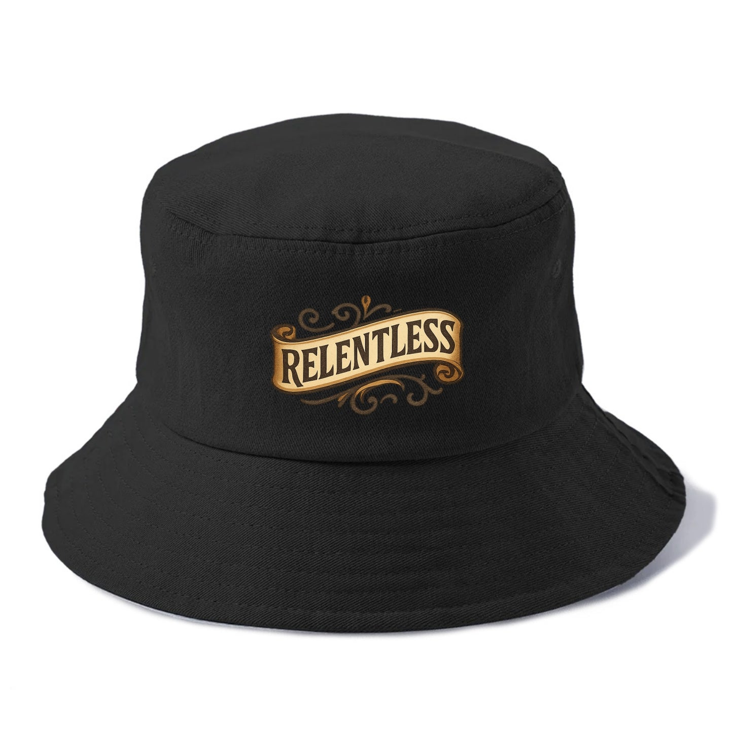 Bold typography design - "RELENTLESS" - never giving up, persistent pursuit - Bucket Hat - Black