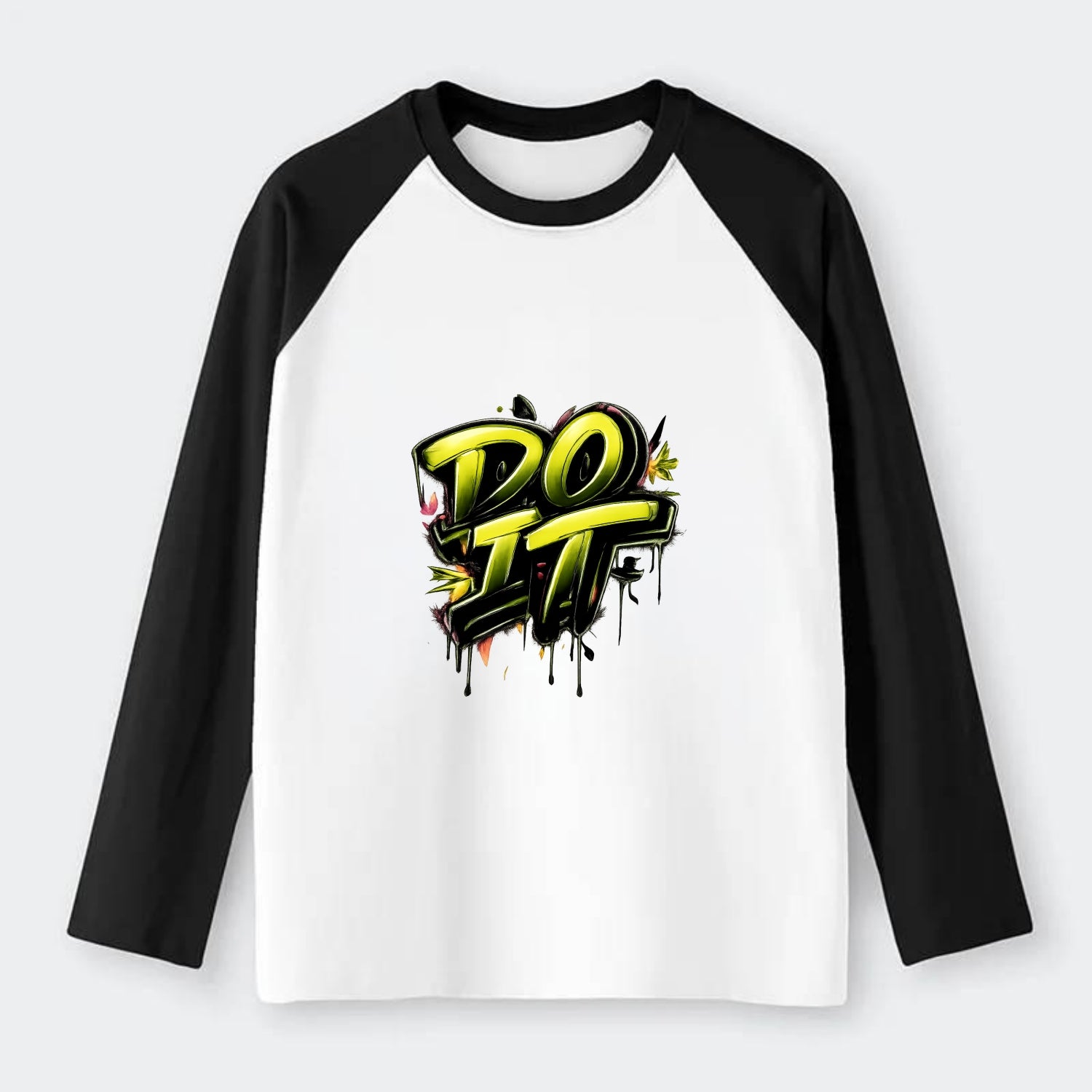 Bold typography design - "DO IT" - just do it, stop waiting - Raglan Long Sleeve T-Shirt - Black