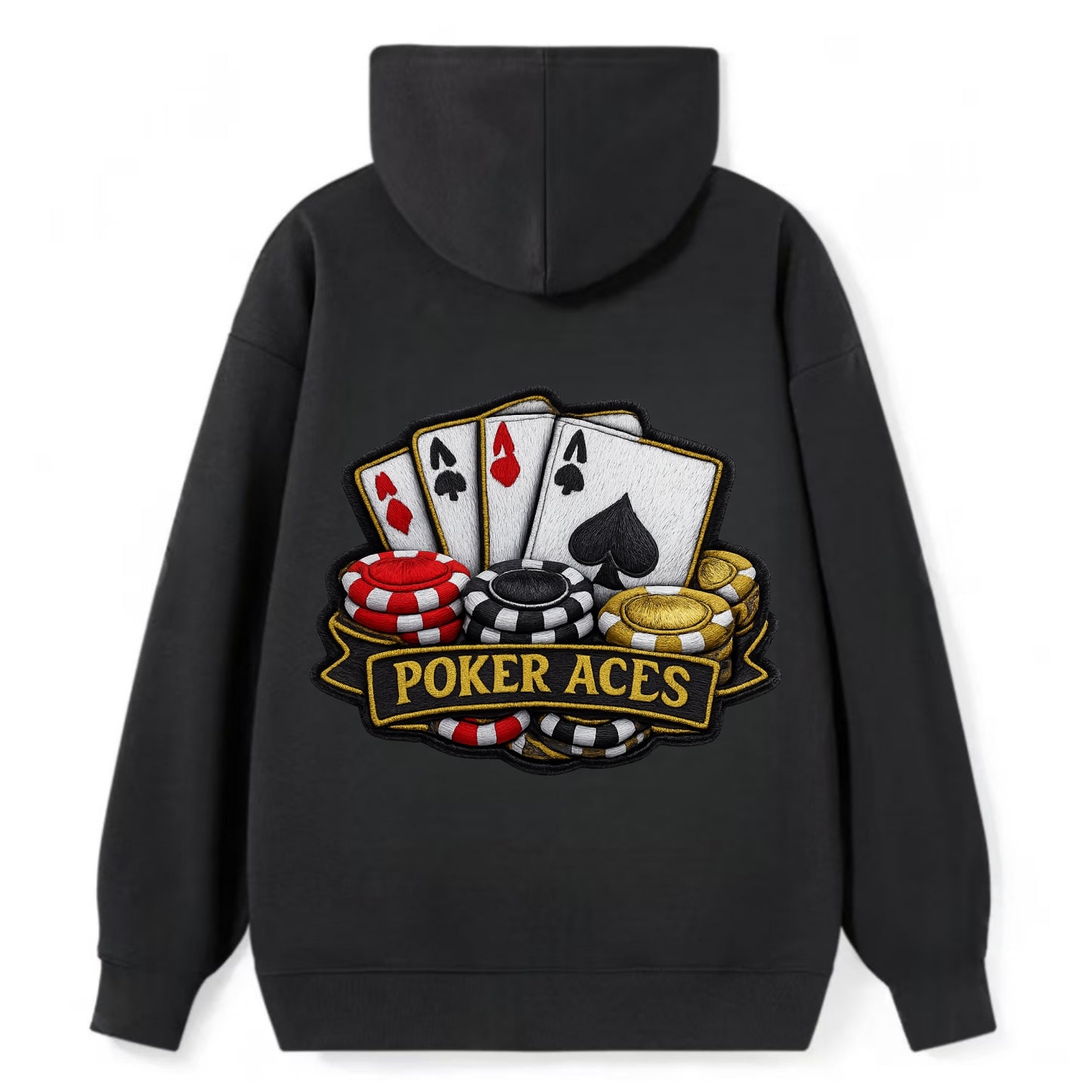 Embroidered patch design - POKER ACES - four aces with chips in red, - Classic Pullover Hoodie - Black