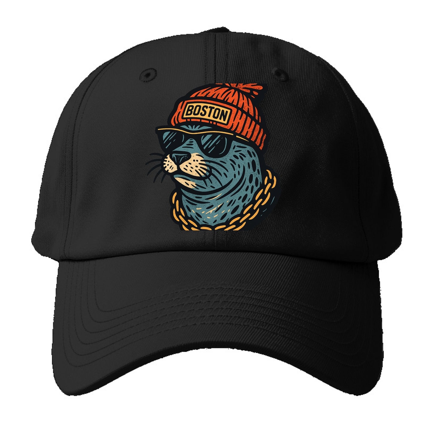 Boston Harbor Seal wearing Boston beanie with pom pom and wayfarer - Baseball Cap For Big Heads - Black