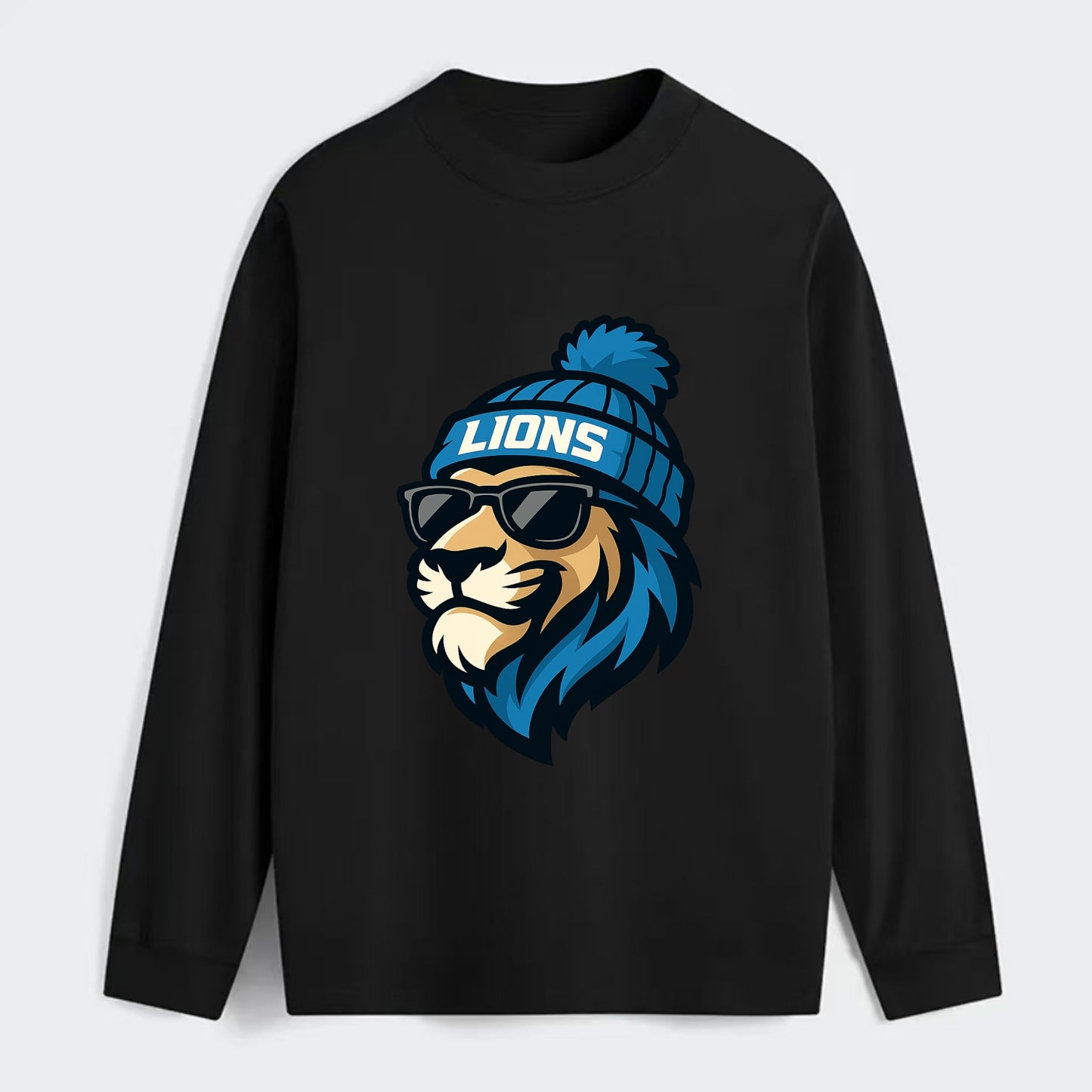 Detroit Lion wearing Lions Honolulu blue and silver beanie with pom pom - Classic Long Sleeve Shirt - Black