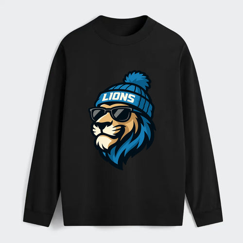Detroit Lion wearing Lions Honolulu blue and silver beanie with pom pom - Classic Long Sleeve Shirt