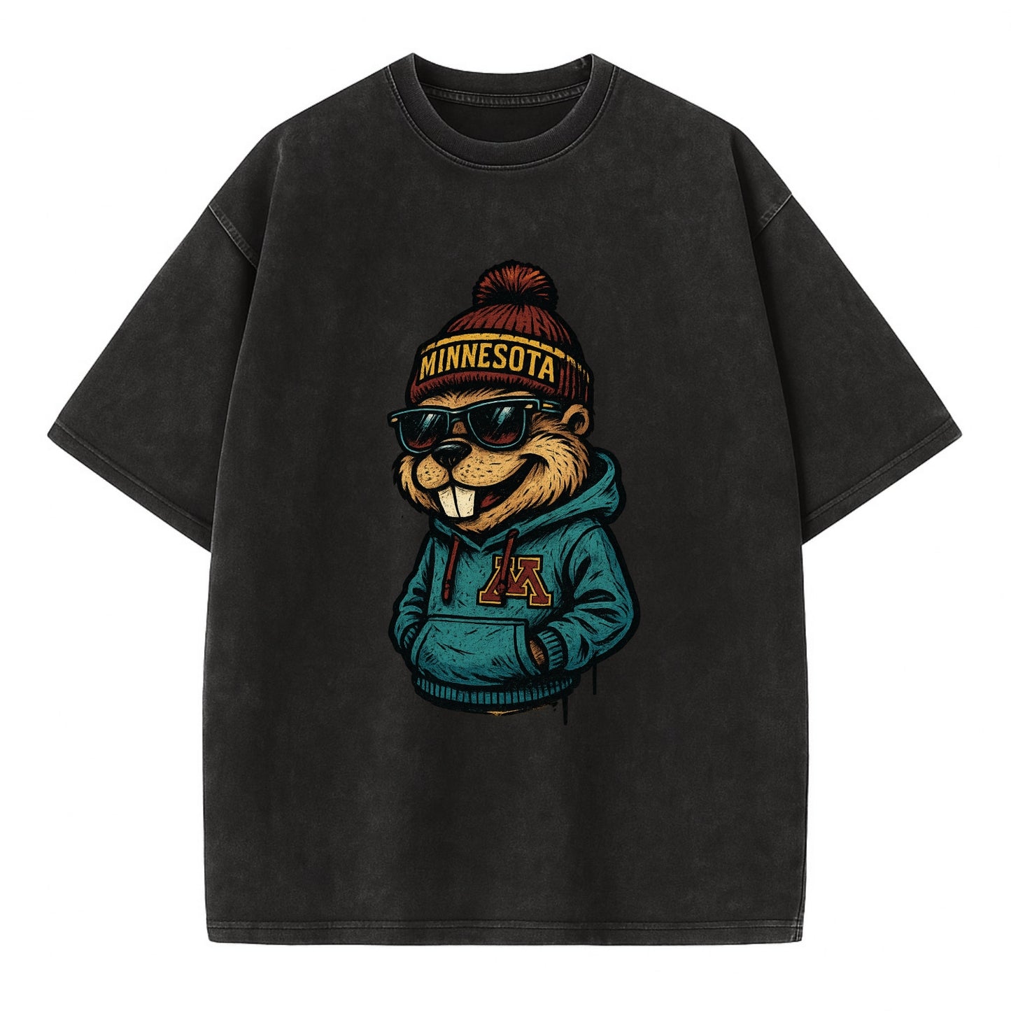 Minneapolis Gopher wearing Minnesota beanie with M patch - Vintage T-shirt - Black