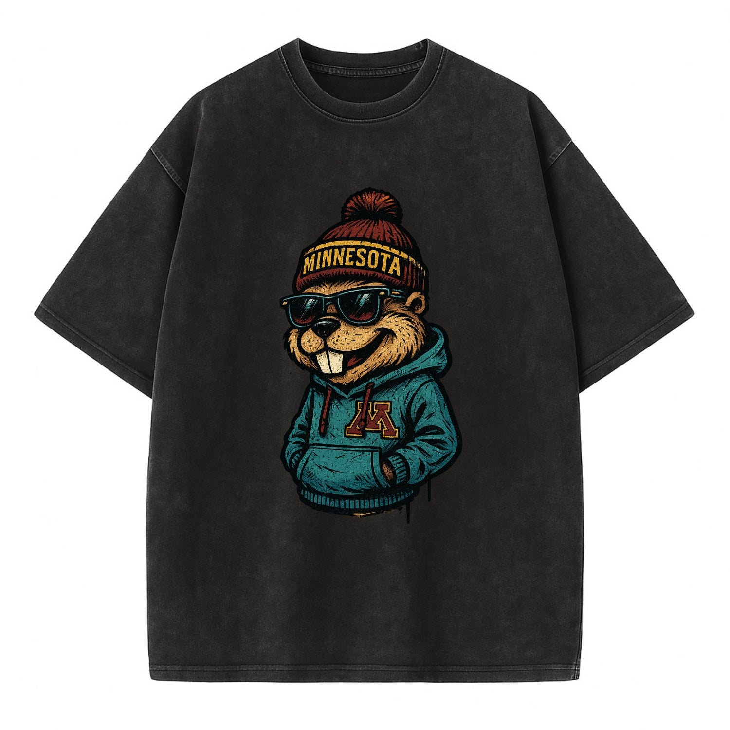 Minneapolis Gopher wearing Minnesota beanie with M patch - Vintage T-shirt - Black