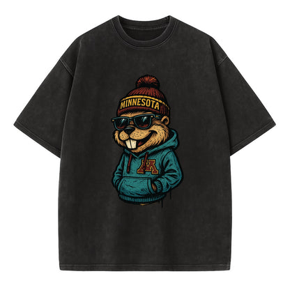 Minneapolis Gopher wearing Minnesota beanie with M patch - Vintage T-shirt - Black