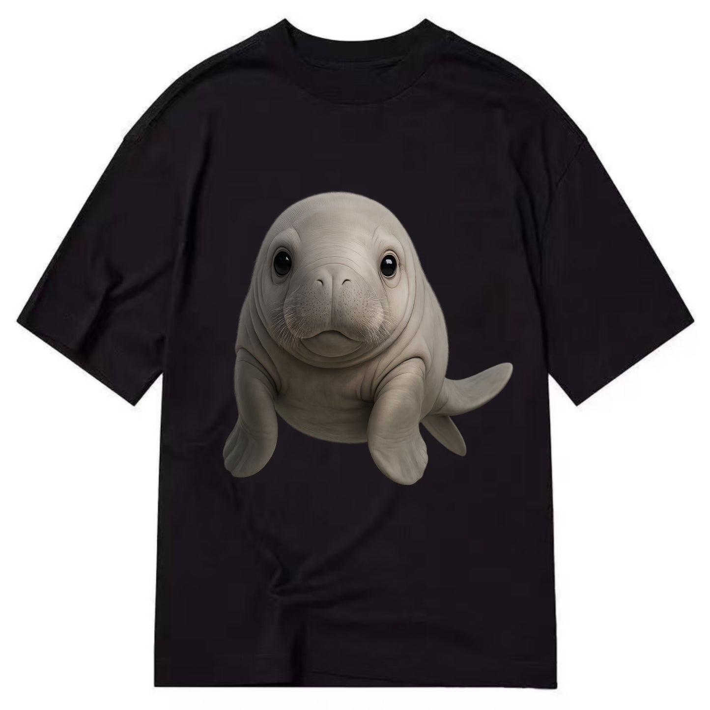 Baby Dugong - gray with paddle tail, gentle expression, whiskers, front-facing, - Classic T-shirt - Black