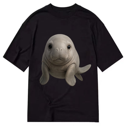 Baby Dugong - gray with paddle tail, gentle expression, whiskers, front-facing, - Classic T-shirt - Black