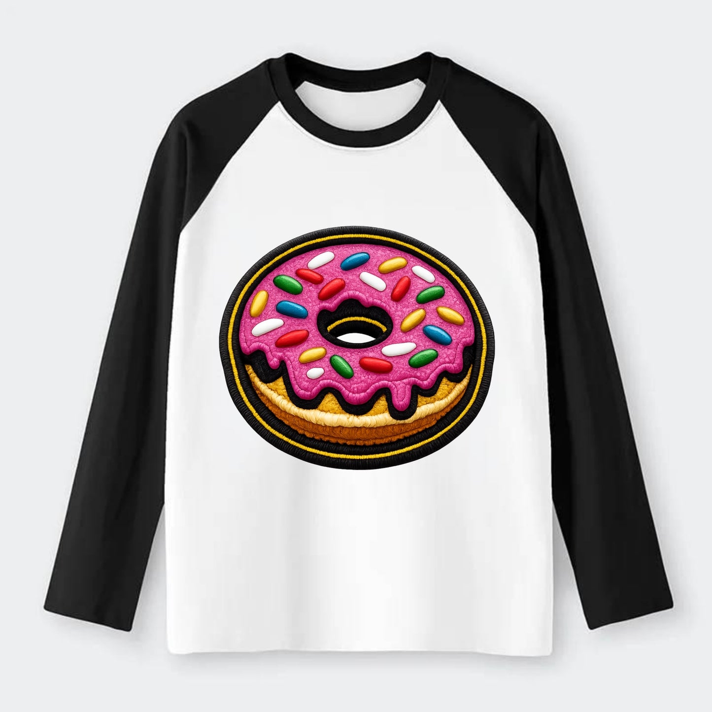 DONUT SPRINKLES - glazed donut with sprinkles in pink and rainbow , - Raglan Long Sleeve T-Shirt - Black