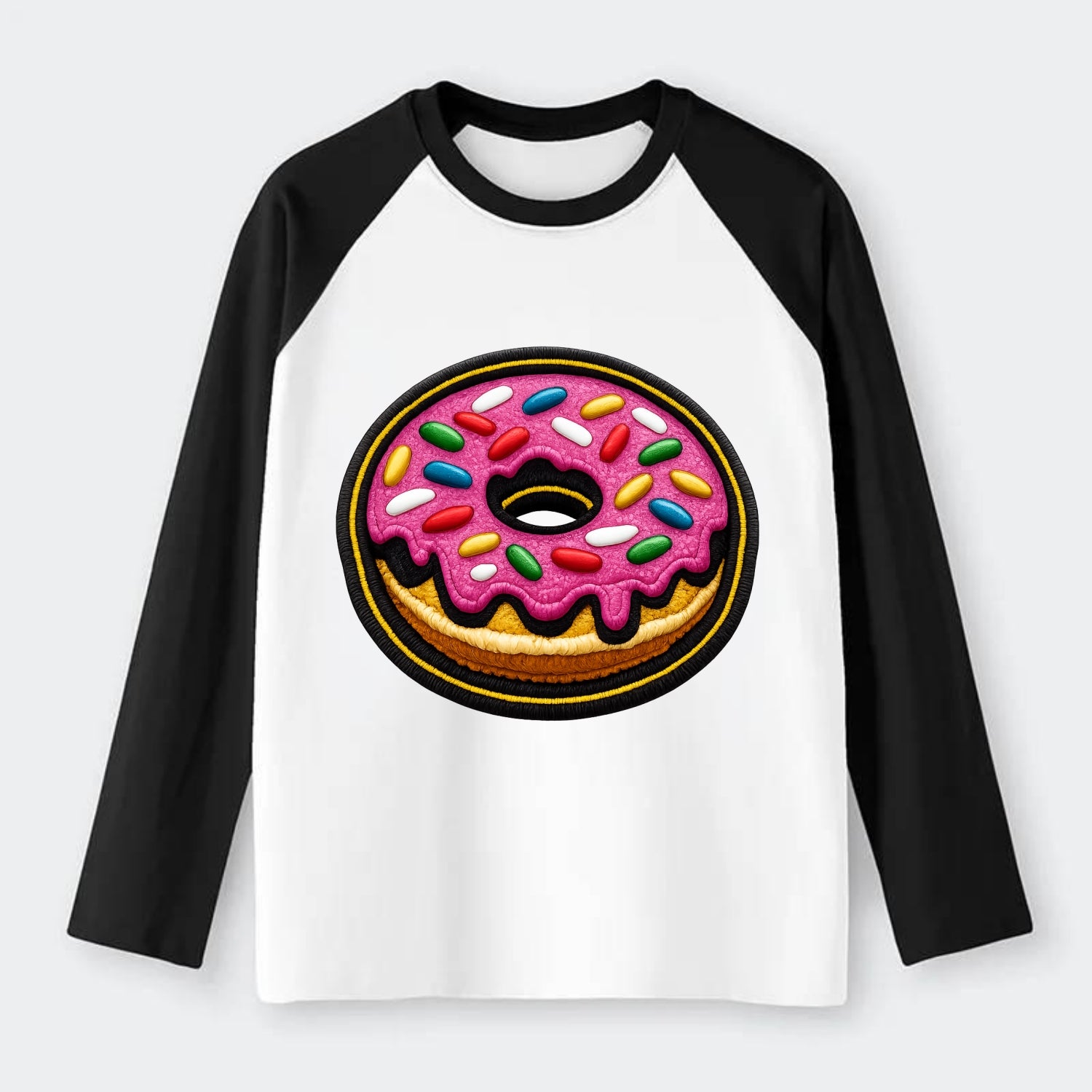 DONUT SPRINKLES - glazed donut with sprinkles in pink and rainbow , - Raglan Long Sleeve T-Shirt - Black