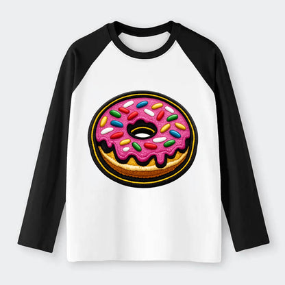 DONUT SPRINKLES - glazed donut with sprinkles in pink and rainbow , - Raglan Long Sleeve T-Shirt - Black