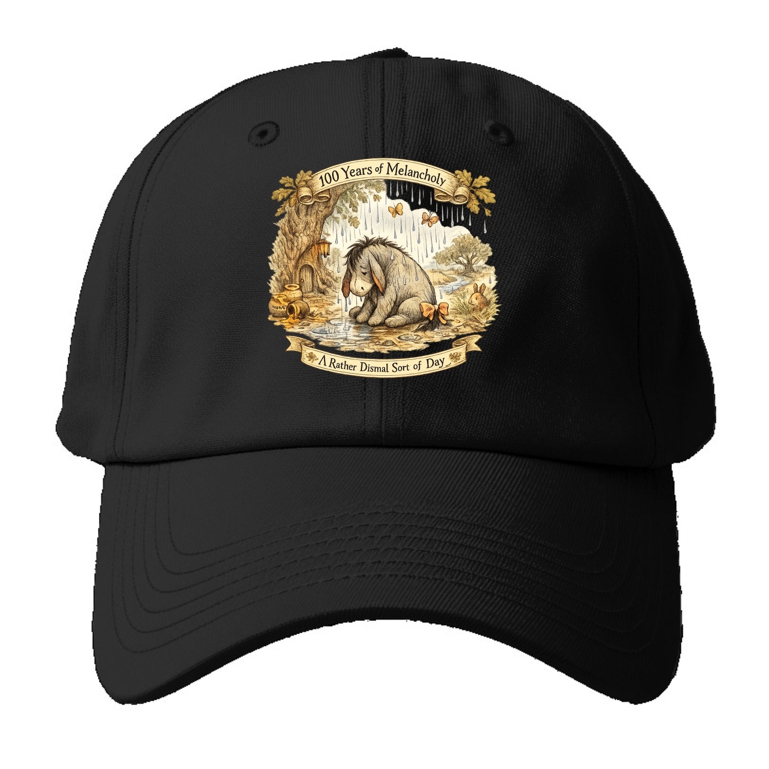 GLOOMY GLEN | Droopy figure in rain | Tattered tail bow | Pessimistic - Baseball Cap For Big Heads - Black