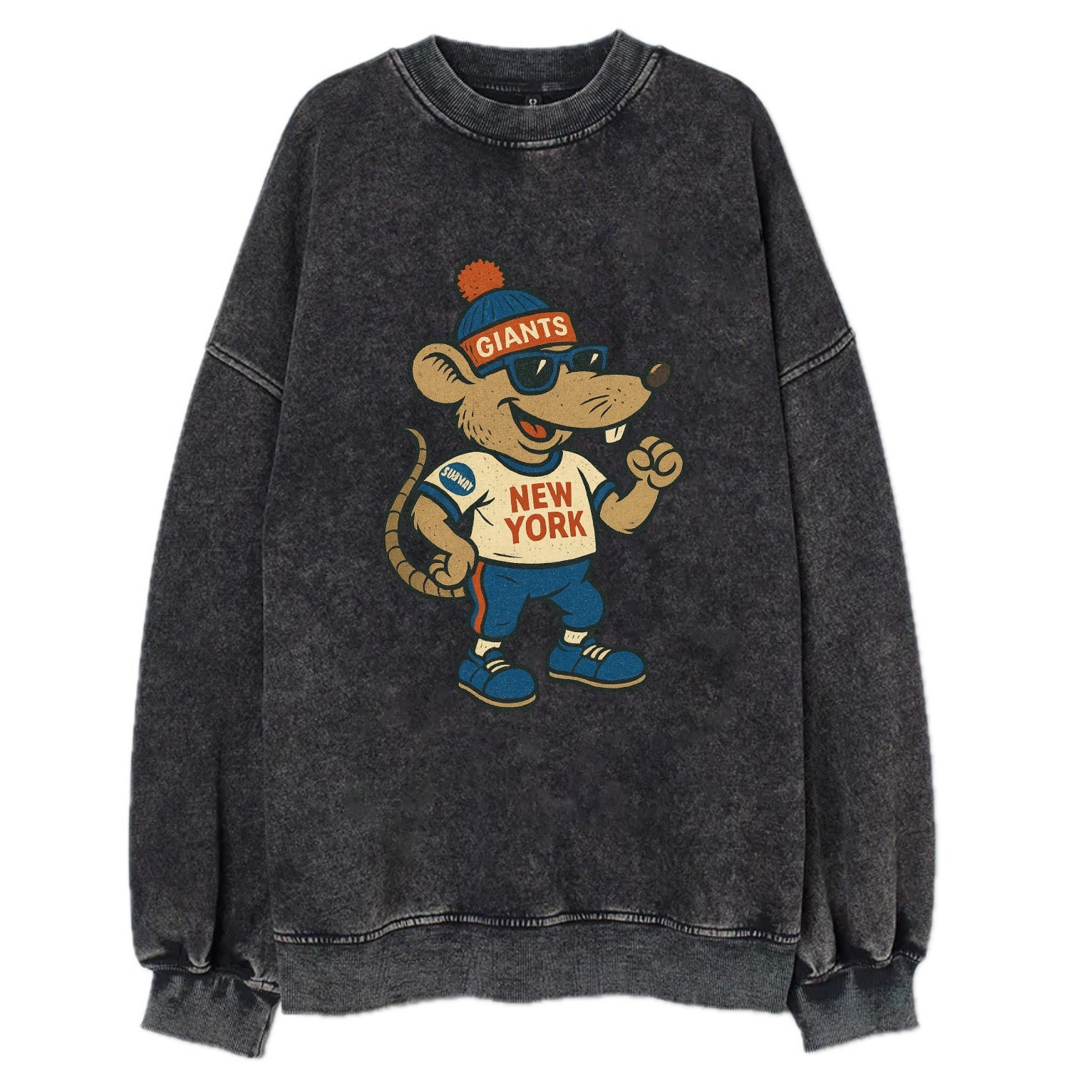 New York Rat wearing Giants beanie with subway patch and wayfarer sunglasses - Vintage Sweatshirt - Black