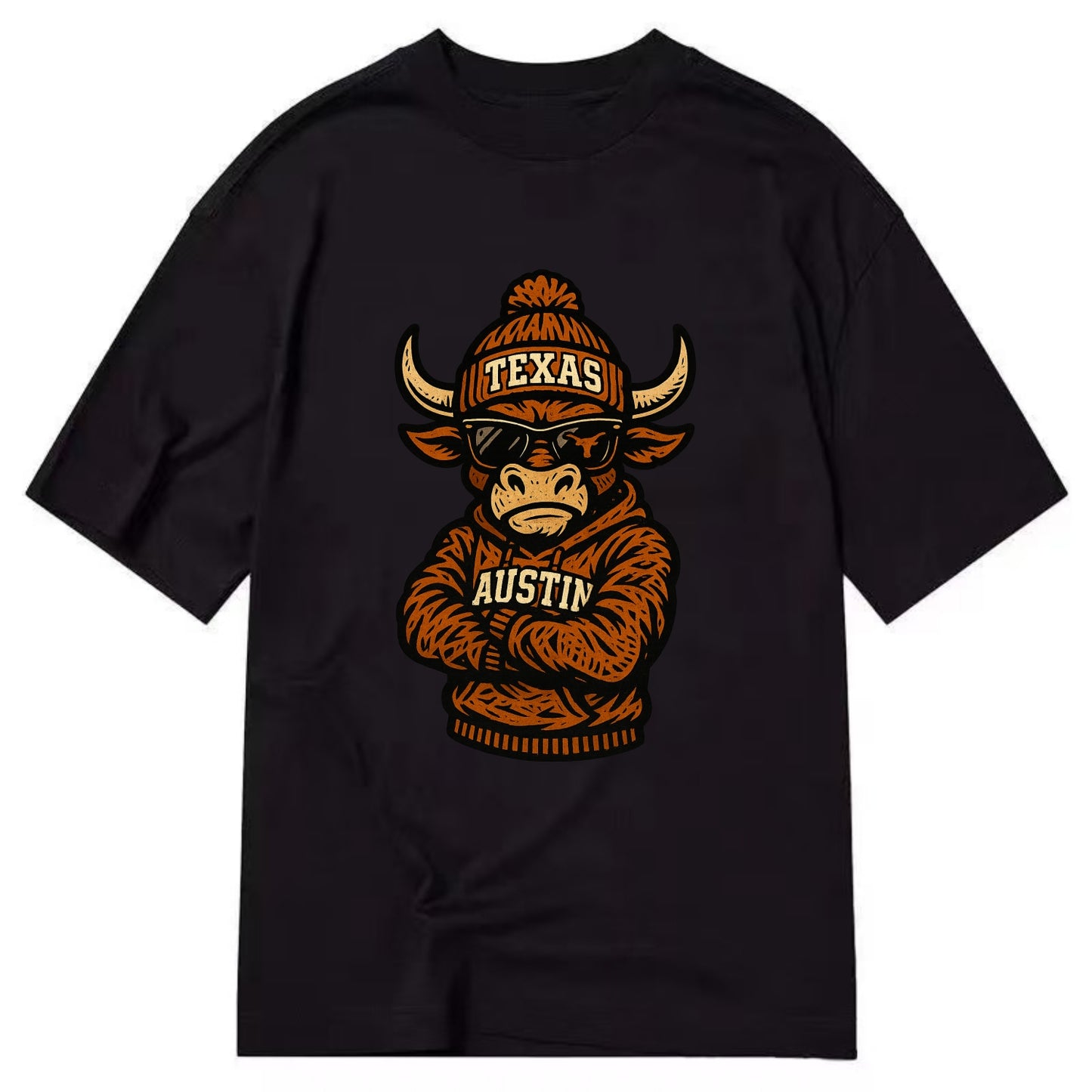 Austin Bevo wearing Texas beanie with longhorn patch - Classic T-shirt - Black