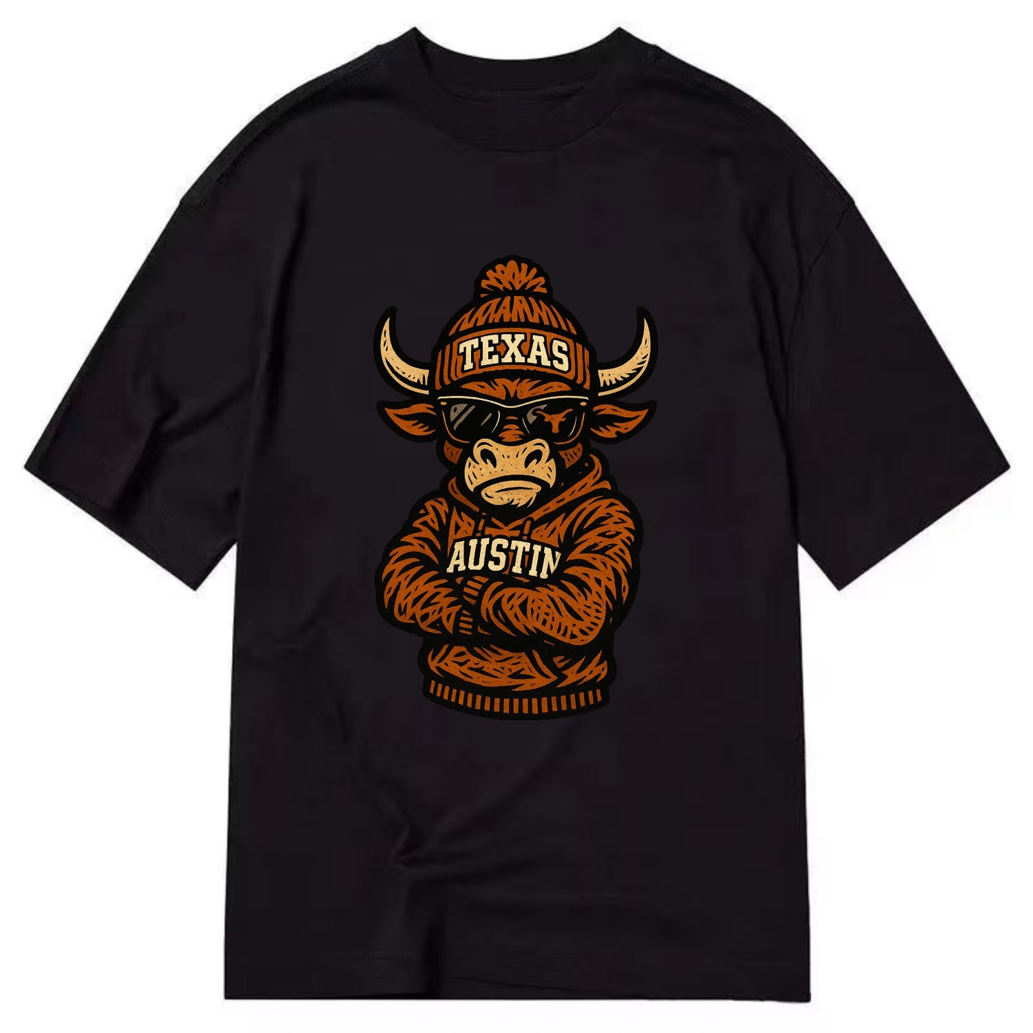 Austin Bevo wearing Texas beanie with longhorn patch - Classic T-shirt - Black
