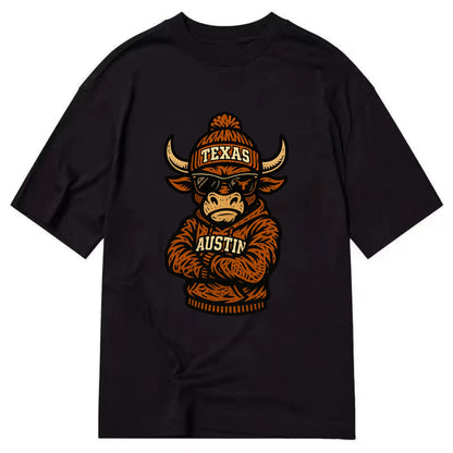 Austin Bevo wearing Texas beanie with longhorn patch - Classic T-shirt - Black