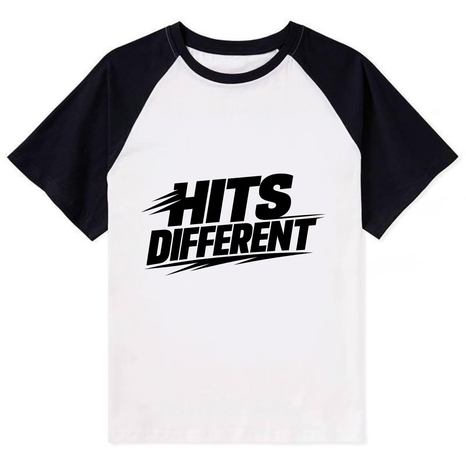 Bold typography design - "HITS DIFFERENT" - uniquely special, stands out - Contrast Raglan T-shirt - Black