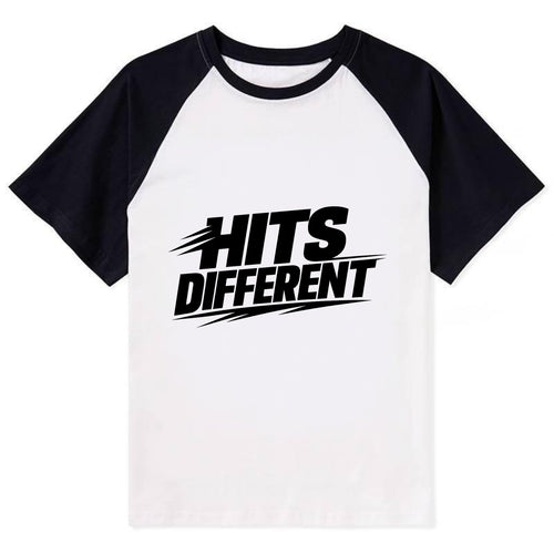 Bold typography design - HITS DIFFERENT - uniquely special, stands out - Contrast Raglan T-shirt
