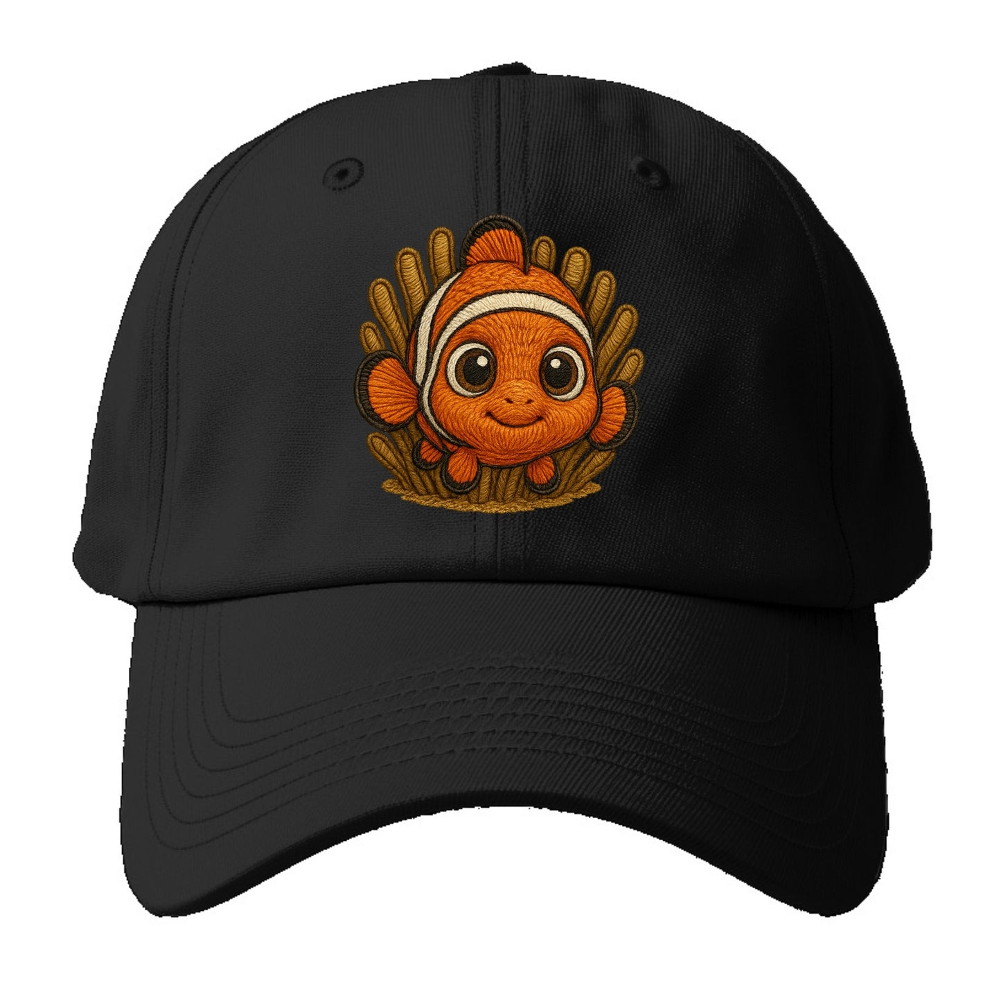 Baby Clownfish - orange with white stripes, big round eyes, - Baseball Cap For Big Heads - Black