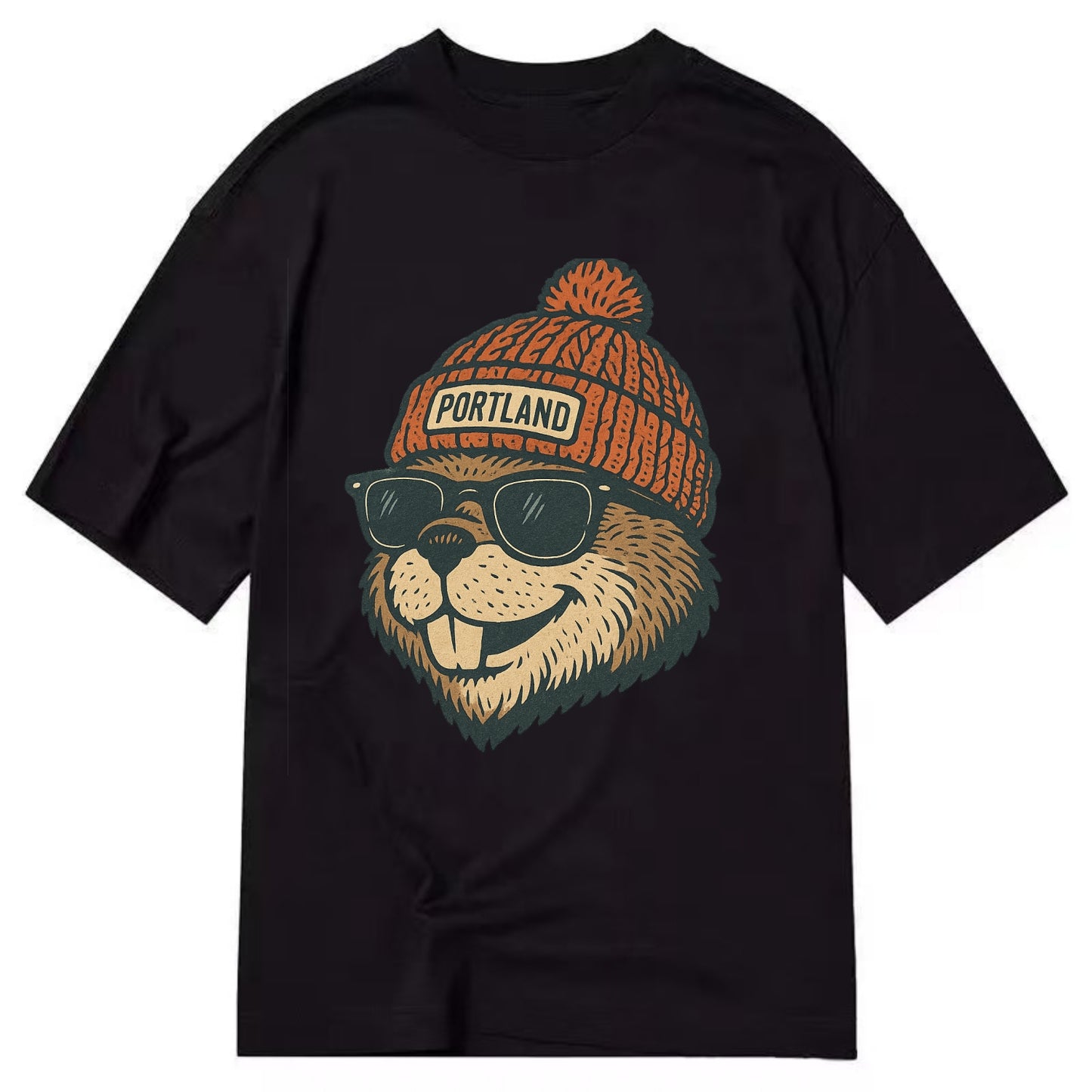 Oregon Beaver wearing Portland beanie with pom pom and wayfarer sunglasses - Classic T-shirt - Black