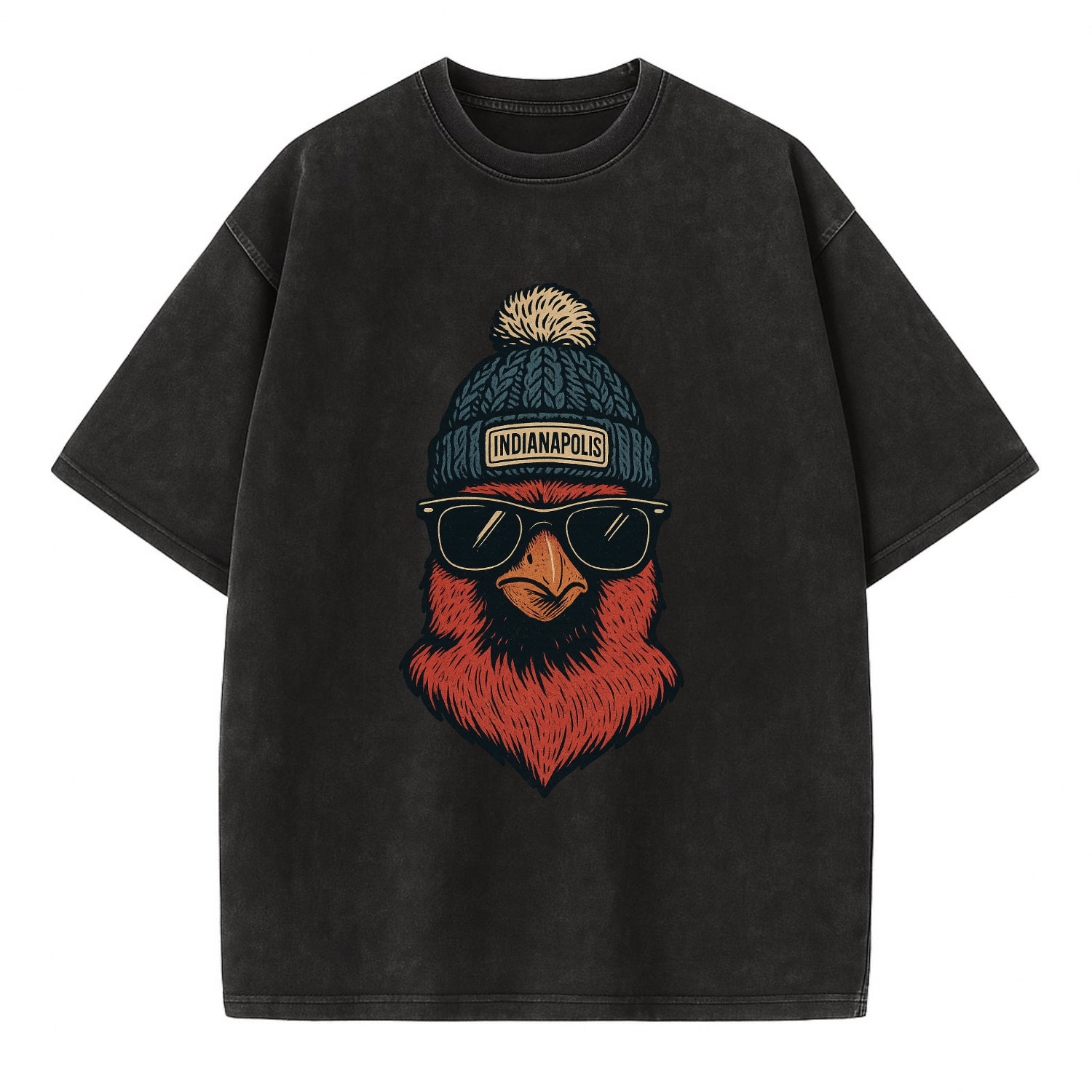 Indiana Cardinal wearing Indianapolis beanie with pom pom and wayfarer sunglasses - Vintage T-shirt - Black