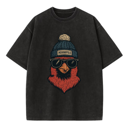 Indiana Cardinal wearing Indianapolis beanie with pom pom and wayfarer sunglasses - Vintage T-shirt - Black