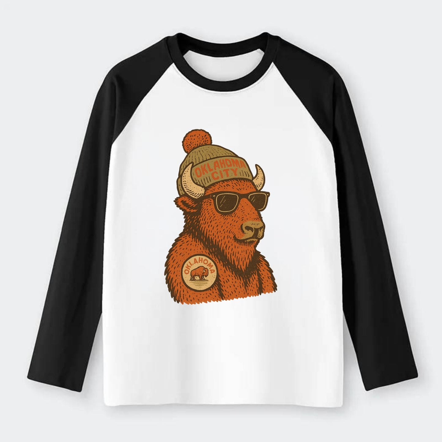 Oklahoma Buffalo wearing Oklahoma City beanie with pom pom and - Raglan Long Sleeve T-Shirt - Black