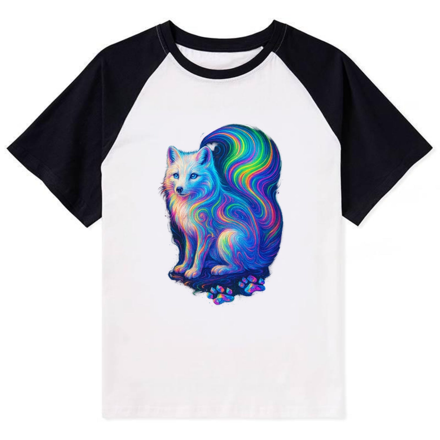 Graceful arctic fox with tail streaming aurora colors, white fur with - Contrast Raglan T-shirt - Black