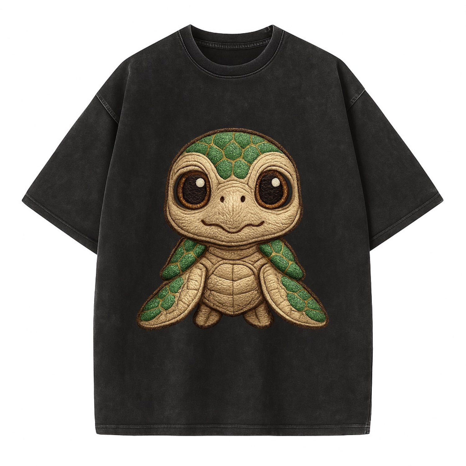 Baby Green Sea Turtle - emerald shell, large innocent brown eyes, tiny flippers, - Vintage T-shirt - Black