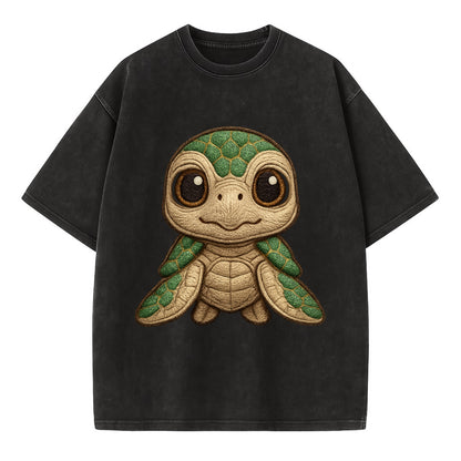 Baby Green Sea Turtle - emerald shell, large innocent brown eyes, tiny flippers, - Vintage T-shirt - Black