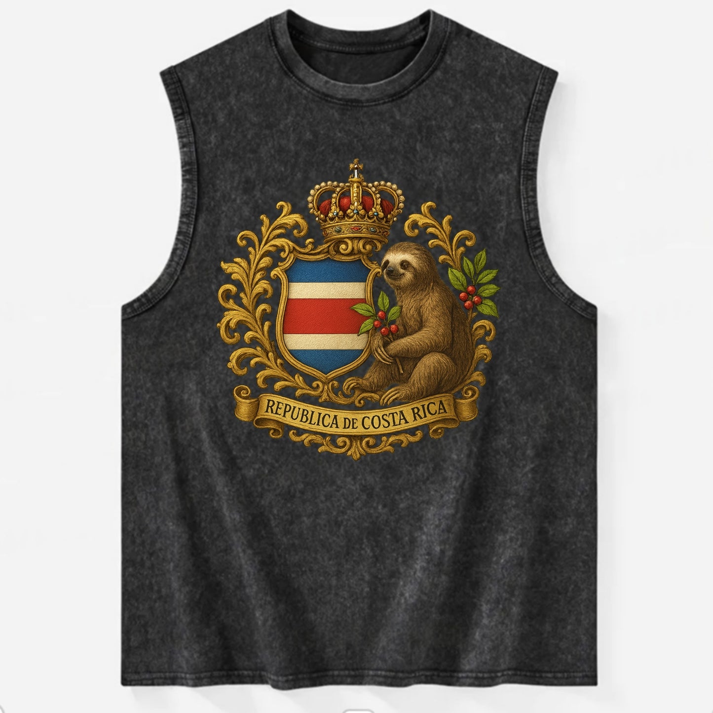 Costa Rica Sloth Emblem  - Vintage Washed Tank - Black