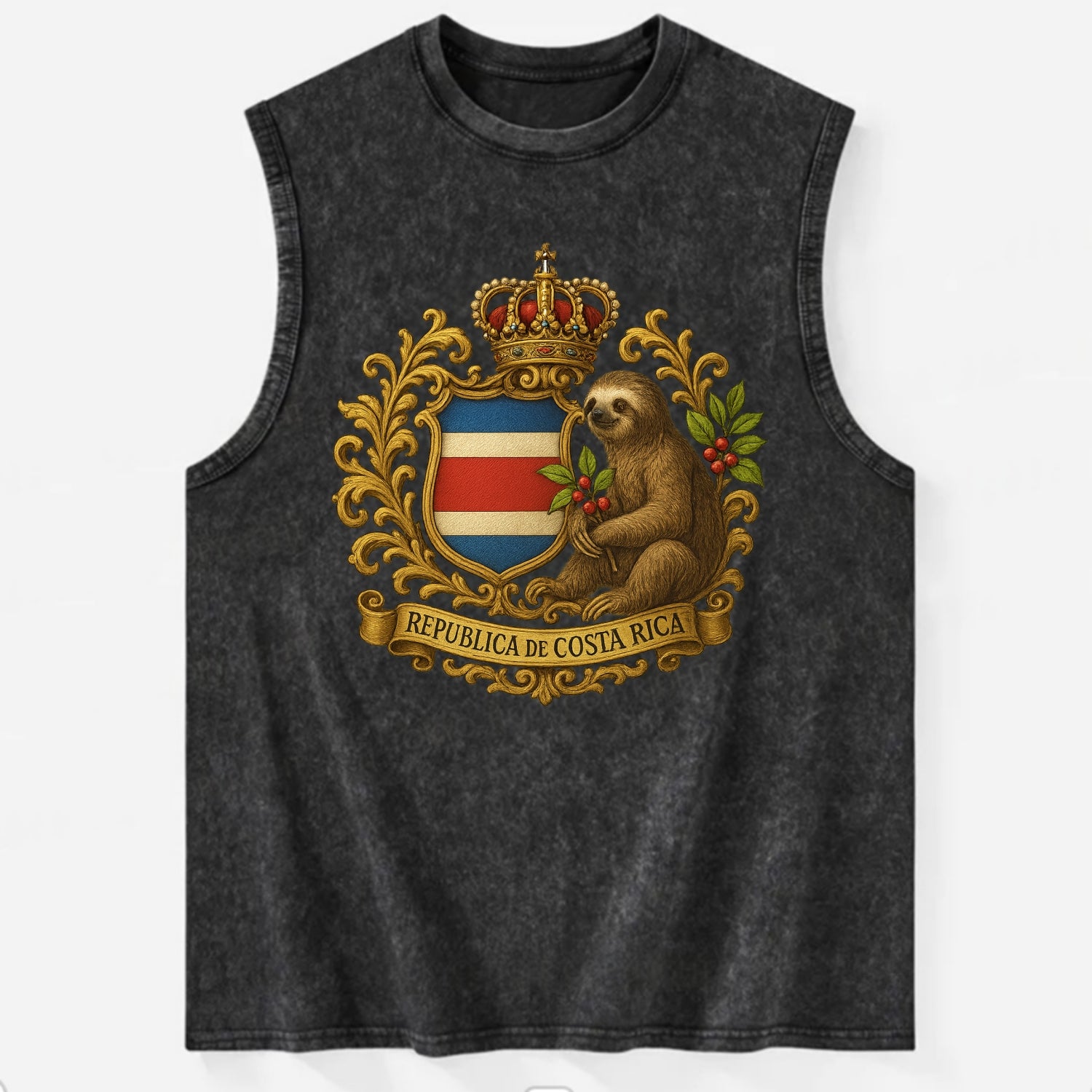 Costa Rica Sloth Emblem  - Vintage Washed Tank - Black