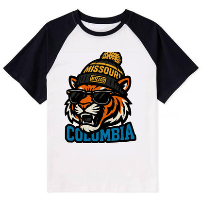 Columbia Tiger wearing Missouri beanie with Mizzou patch - Contrast Raglan T-shirt - Black