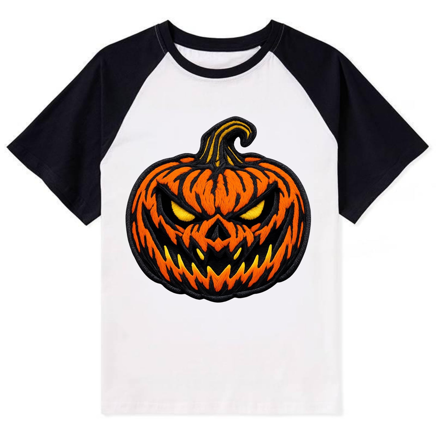 HALLOWEEN PUMPKIN - jack o lantern in orange and black , spooky - Contrast Raglan T-shirt - Black