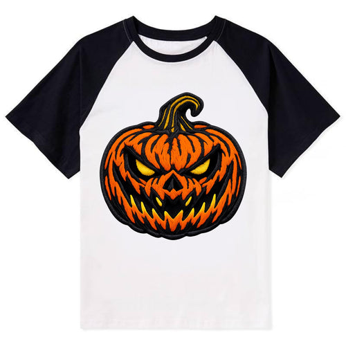 HALLOWEEN PUMPKIN - jack o lantern in orange and black , spooky - Contrast Raglan T-shirt