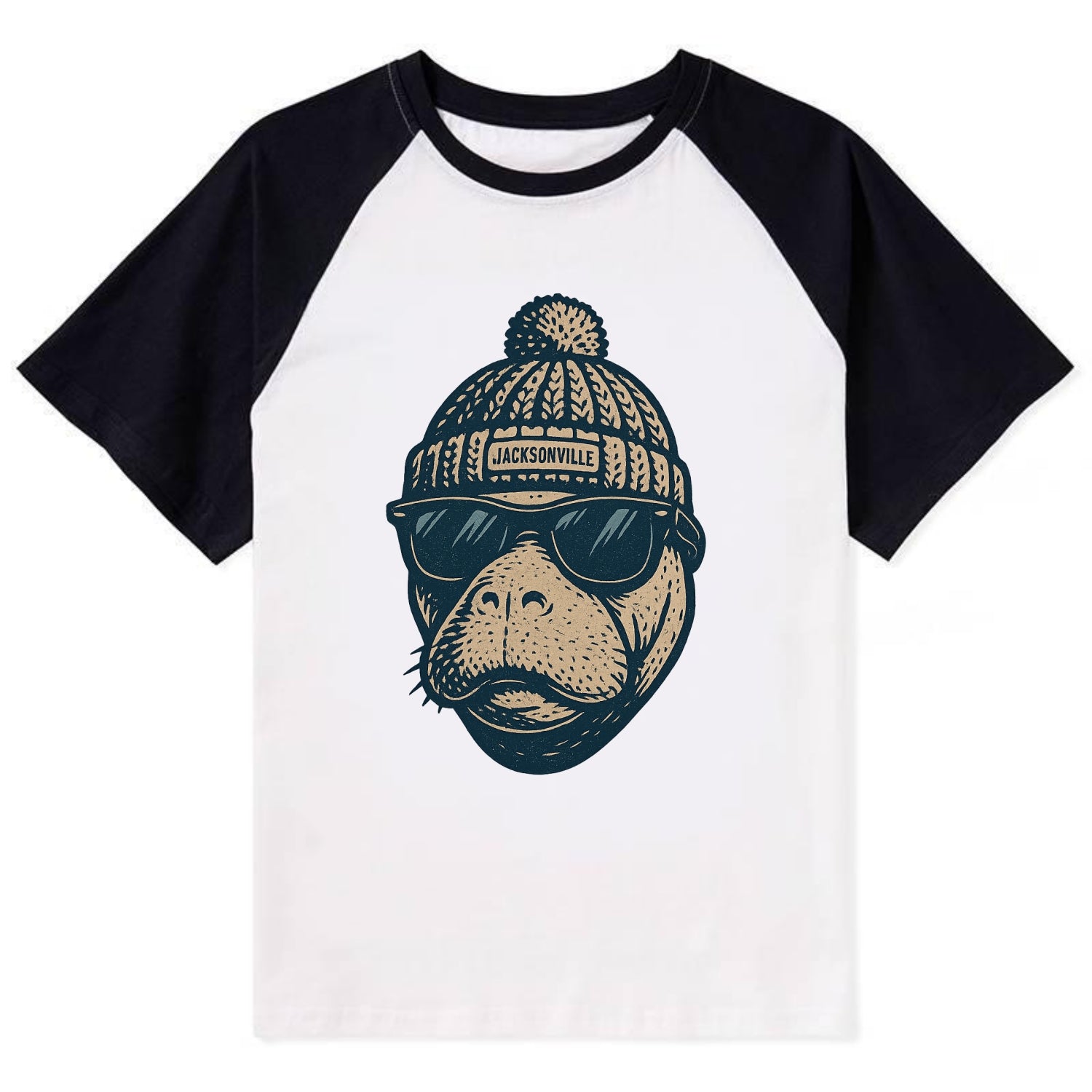 Jacksonville Manatee wearing Jacksonville beanie with pom pom and - Contrast Raglan T-shirt - Black