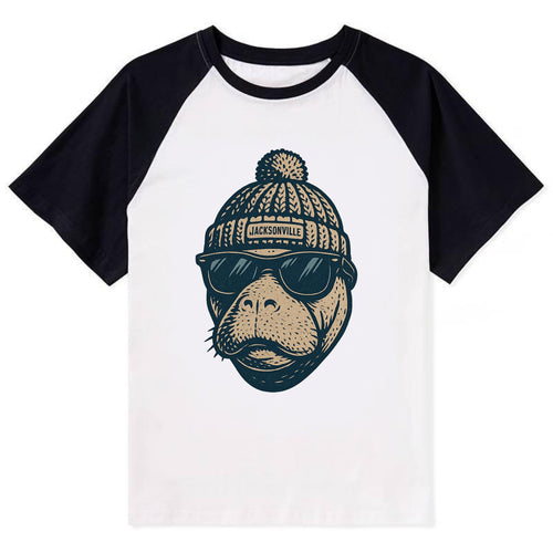 Jacksonville Manatee wearing Jacksonville beanie with pom pom and - Contrast Raglan T-shirt