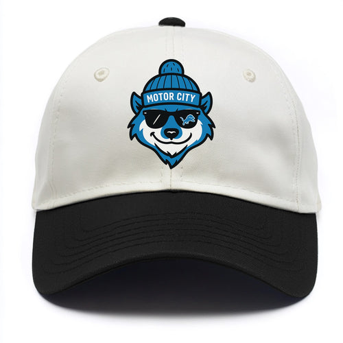 Motor City Wolverine wearing Lions beanie with gear patch and wayfarer sunglasses - Two Tone Cap