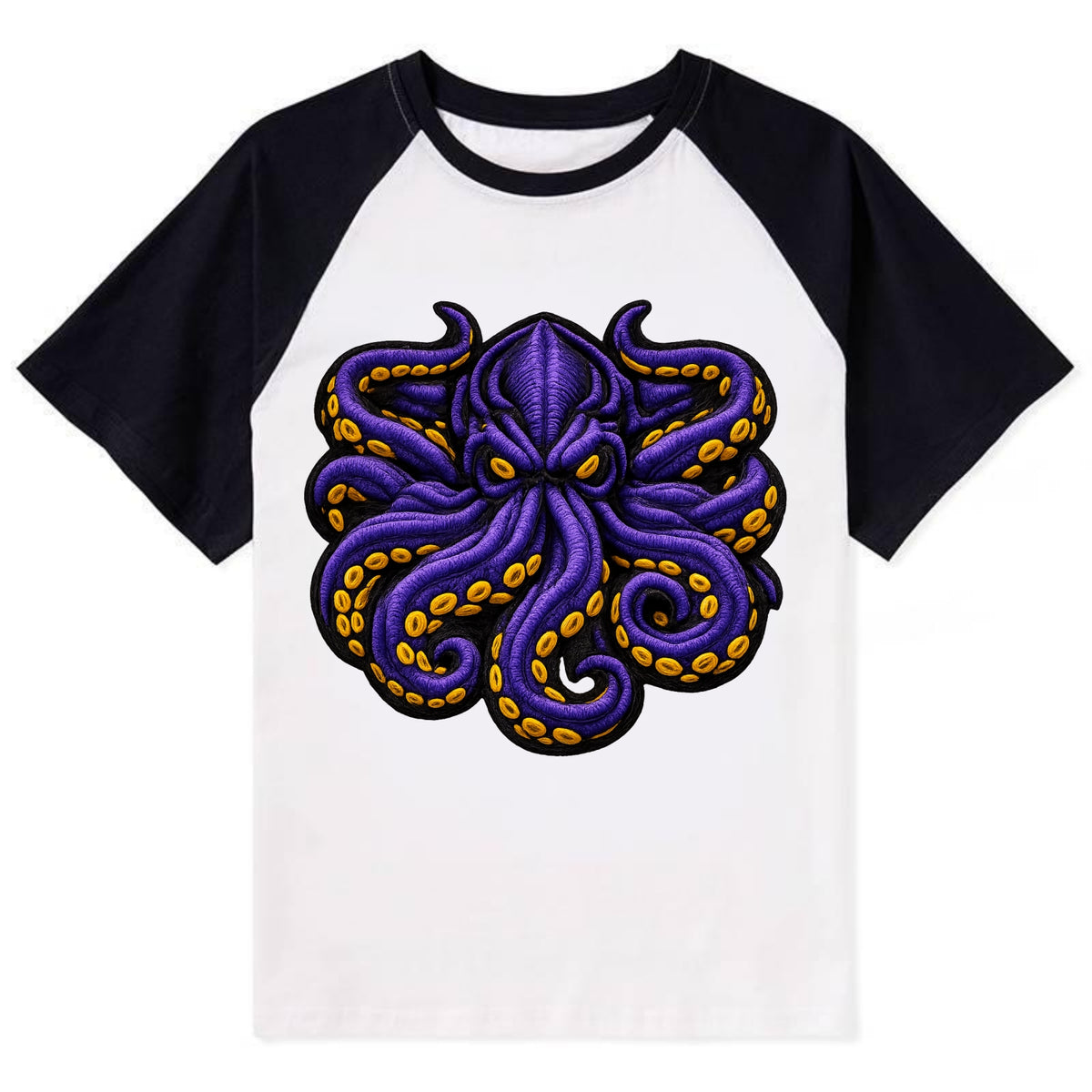 KRAKEN TENTACLES - sea monster in purple and black , deep sea - Contrast Raglan T-shirt - Black