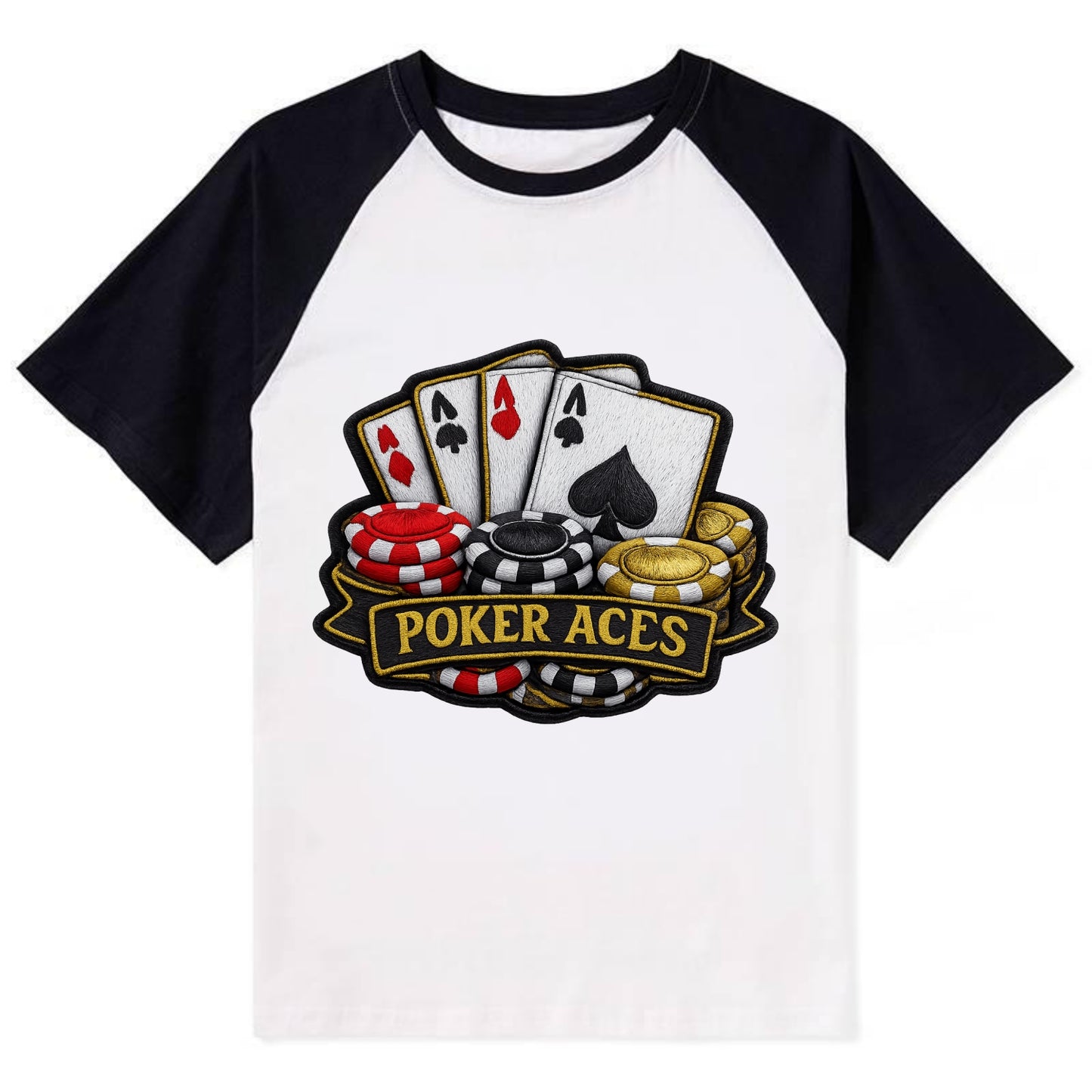 Embroidered patch design - POKER ACES - four aces with chips in red, - Contrast Raglan T-shirt - Black