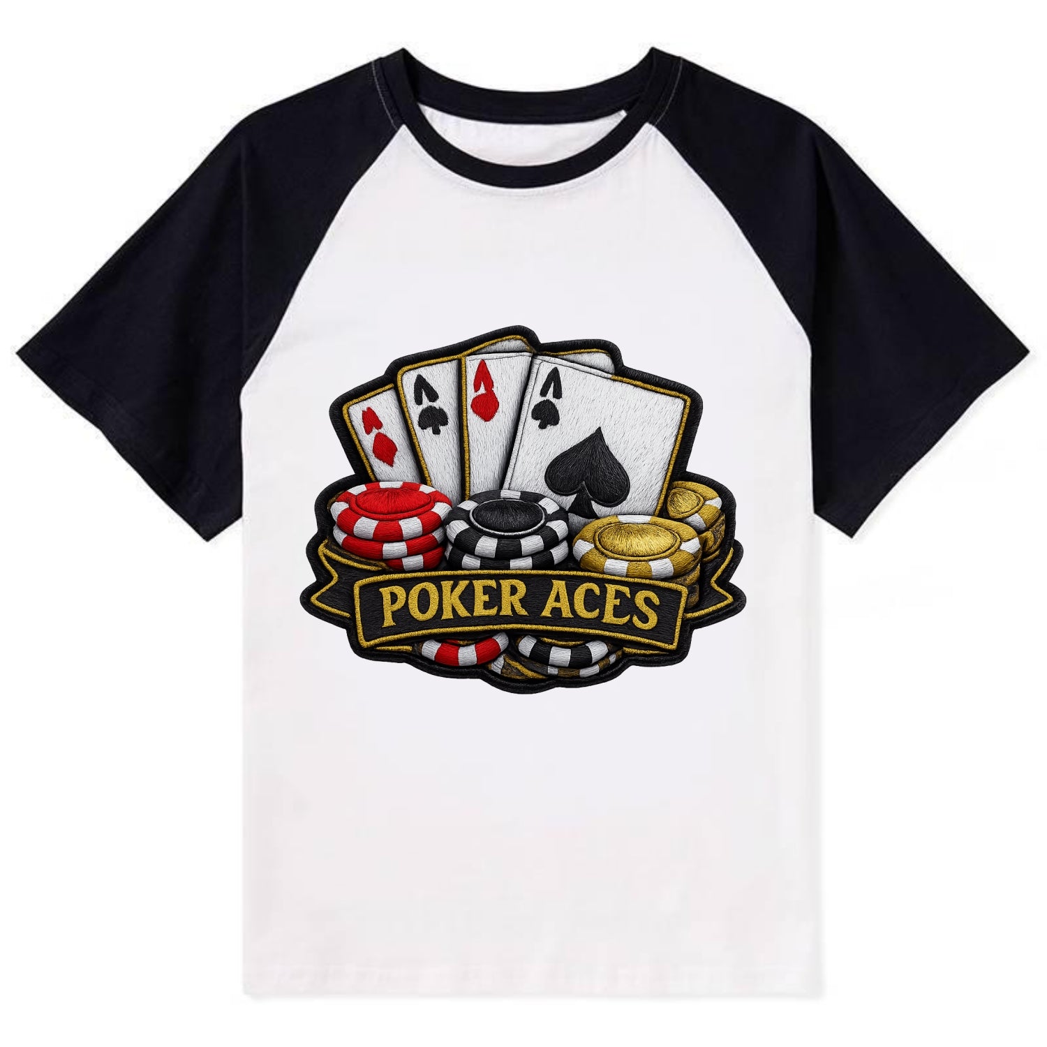 Embroidered patch design - POKER ACES - four aces with chips in red, - Contrast Raglan T-shirt - Black