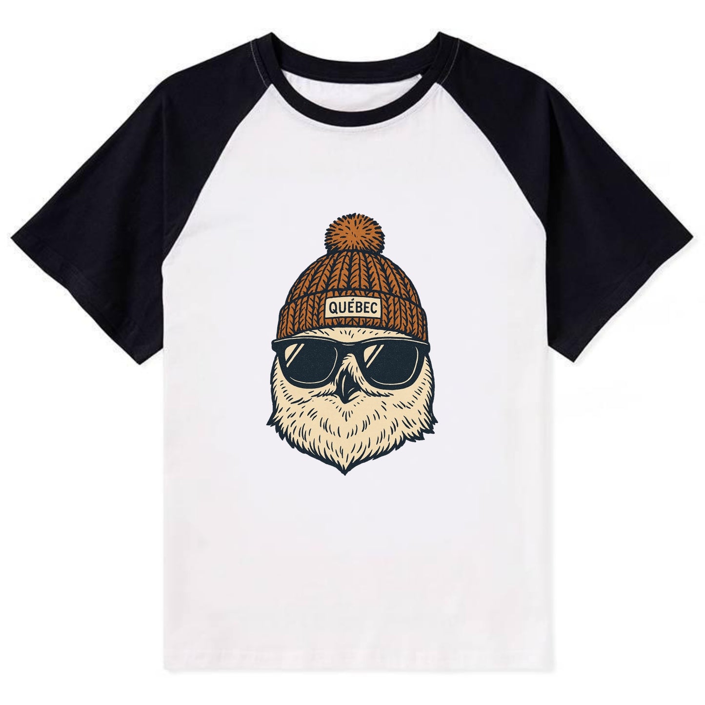 Quebec City Snowy Owl wearing Quebec beanie with pom pom and wayfarer - Contrast Raglan T-shirt - Black