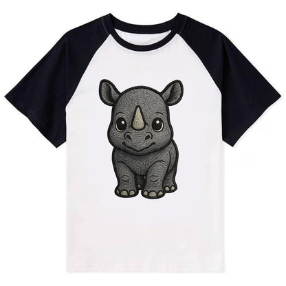 Baby Rhino - gray armor skin, tiny horn nub, round eyes, front-facing, - Contrast Raglan T-shirt - Black