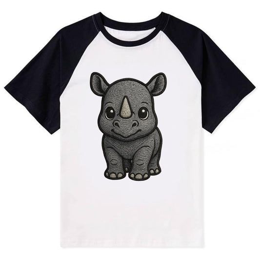 Baby Rhino - gray armor skin, tiny horn nub, round eyes, front-facing, - Contrast Raglan T-shirt - Black