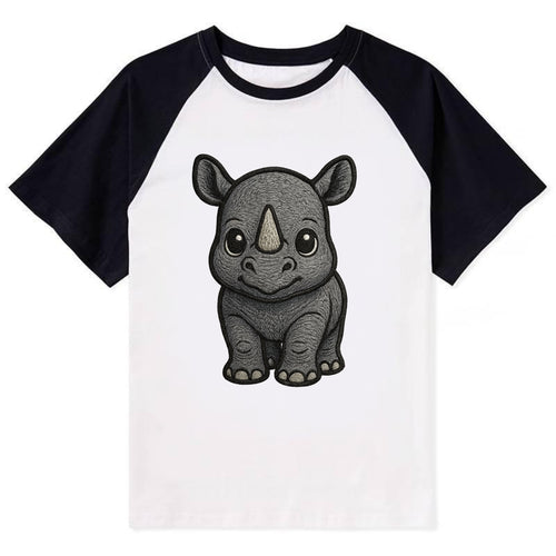 Baby Rhino - gray armor skin, tiny horn nub, round eyes, front-facing, - Contrast Raglan T-shirt