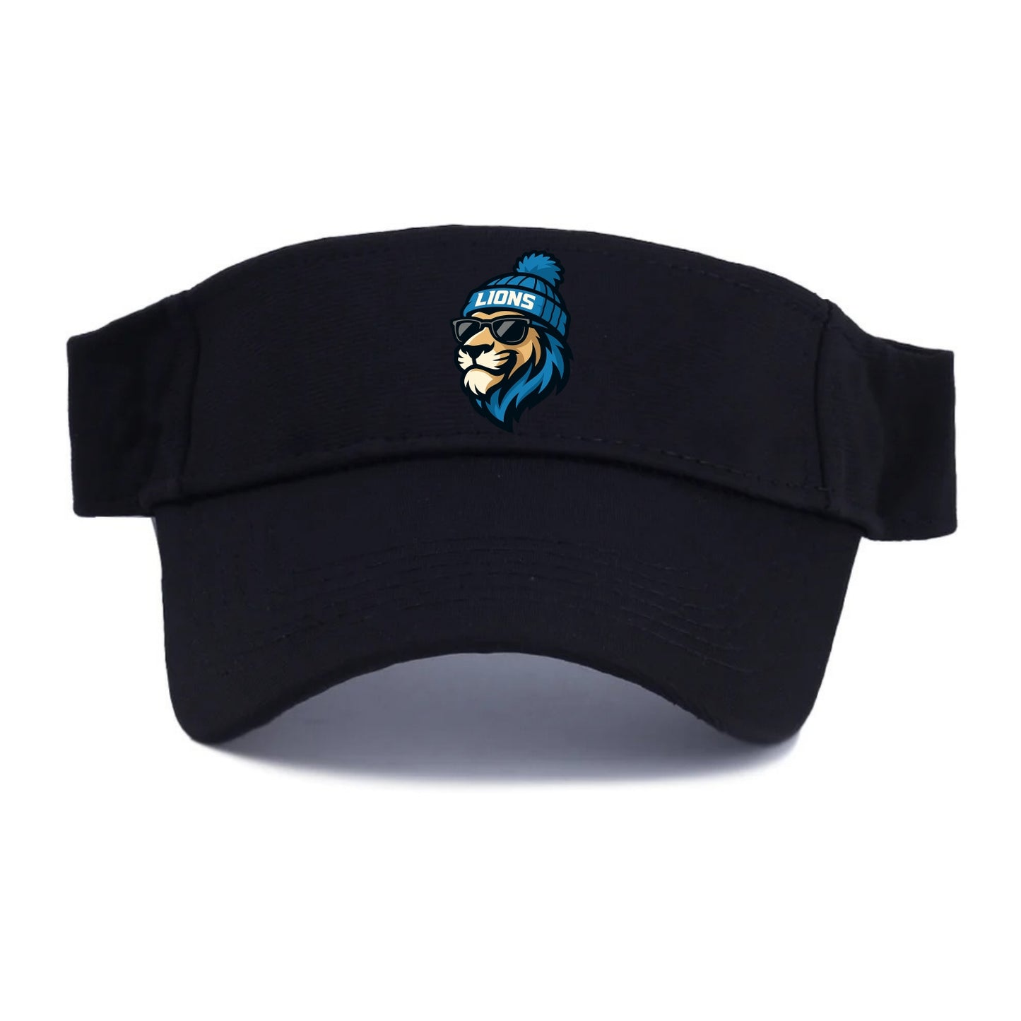 Detroit Lion wearing Lions Honolulu blue and silver beanie with pom pom and wayfarer - Visor - Black
