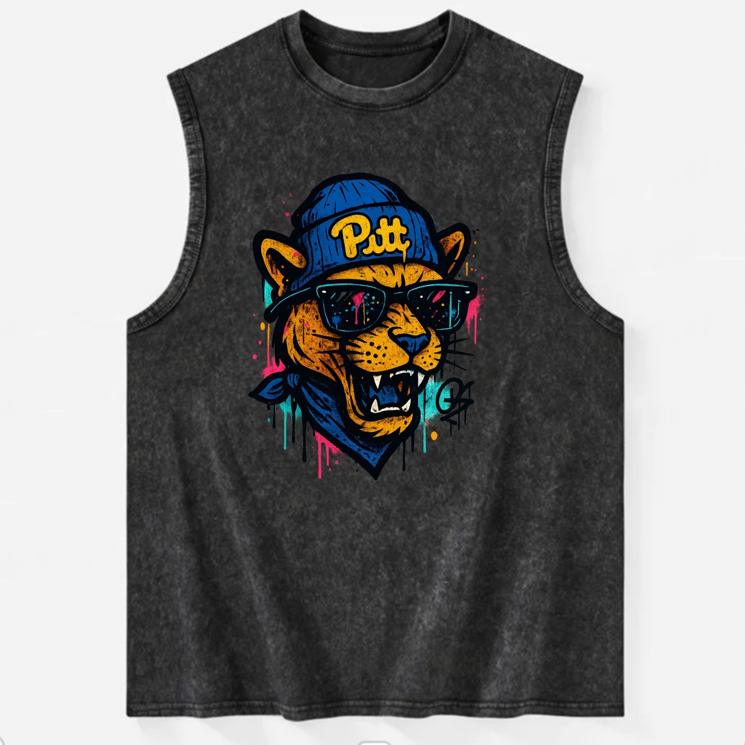 Pittsburgh Panther wearing Pitt beanie with script patch - Vintage Washed Tank - Black