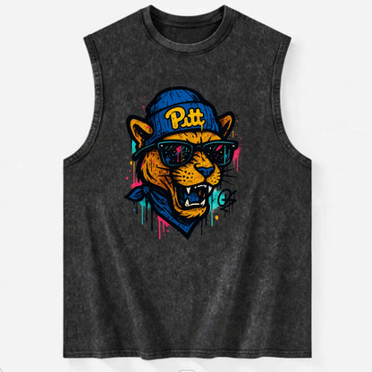 Pittsburgh Panther wearing Pitt beanie with script patch - Vintage Washed Tank - Black