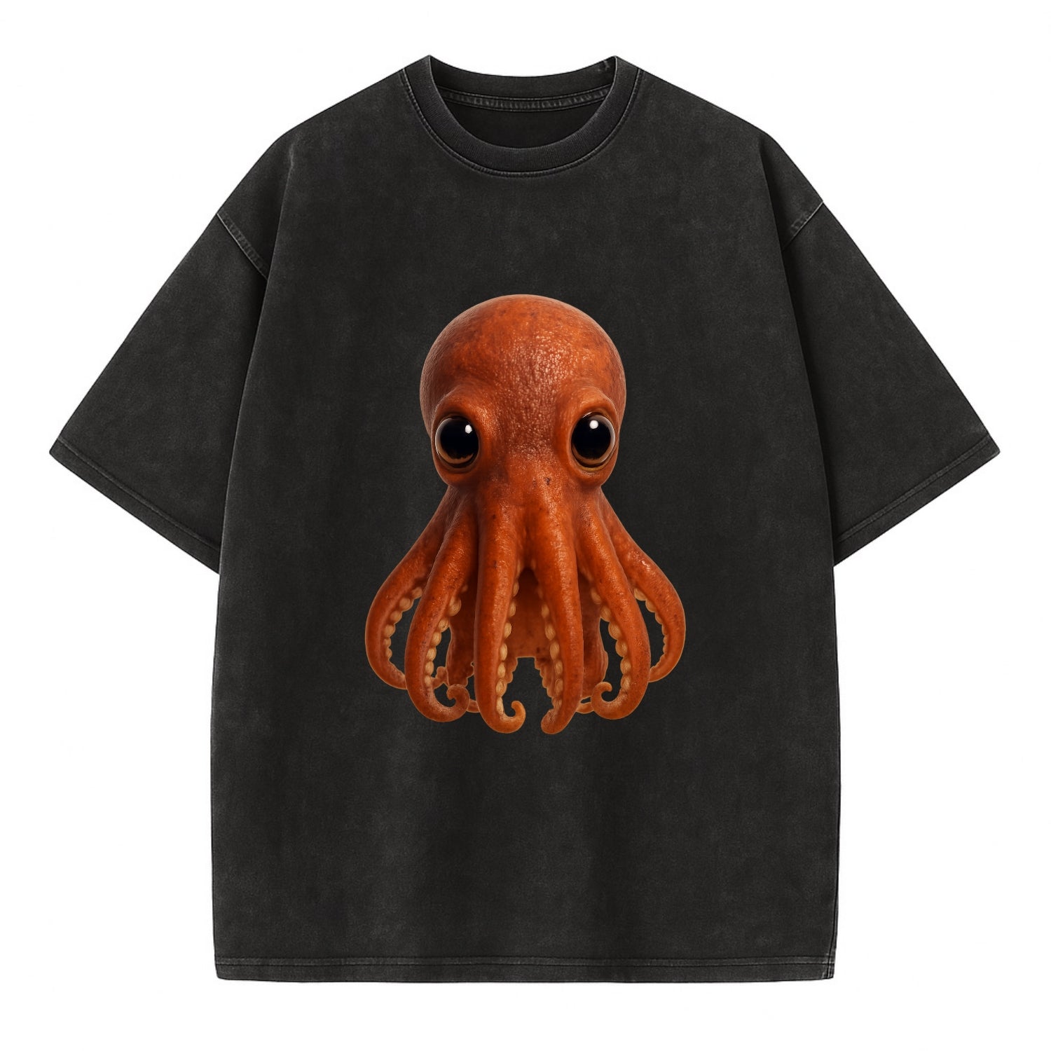 Baby Giant Pacific Octopus - reddish, smaller tentacles, expressive eyes, - Vintage T-shirt - Black