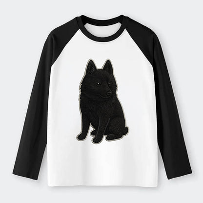 Schipperke - Solid black small embroidered sitting pose - Raglan Long Sleeve T-Shirt - Black