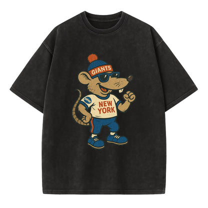 New York Rat wearing Giants beanie with subway patch and wayfarer sunglasses - Vintage T-shirt - Black